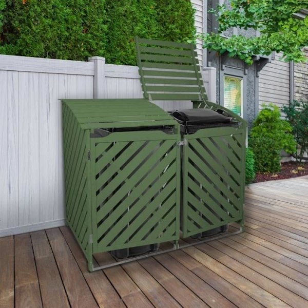 Dubbelt träbehållarelock 2 x 240L Sage Green Utomhus Trädgårdsförvaring Grå Cérusé