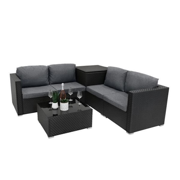 Modulært Havemøbel Sæt i Sort Rattan 6 Stykker Sofa Puder Sofabord Svart