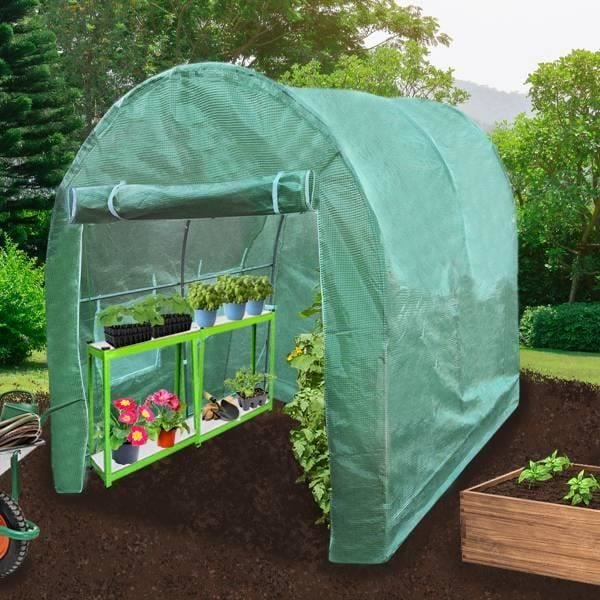 Have Drivhus Polytunnel Vinduer Galvaniserede Døre PE Cover Metalramme 2 hylder Udendørs Planter Diameter 19mm | 4