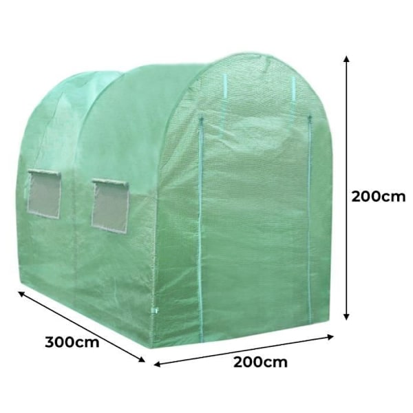 Polytunnel drivhus - MONSTERSHOP - 3m x 2m - UV-beskyttelse - 2 justerbare hylder - Vandtæt Grön