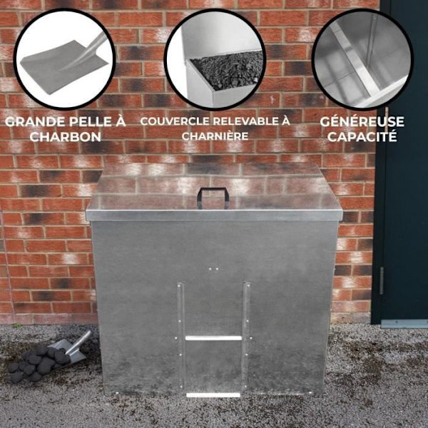 Utomhuskolbehållare - MONSTERSHOP - 500kg/772L - Vattentätt galvaniserat stål - Kolskyffel ingår Silver