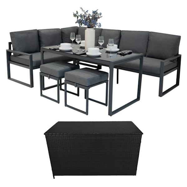 Grå Aluminiumshave sædegruppe & 582 L Opbevaringskiste i Sort Rattan Grå