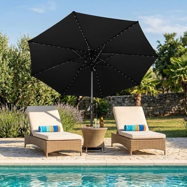 Solcelle LED Parasoll 2,7 m Sort Have Terrasse Markise Skygge Svart