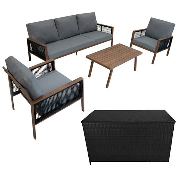 Trädgårdsmöbler 4 delar i aluminium med träeffekt, 5 platser & förvaringslåda 582 L Beige