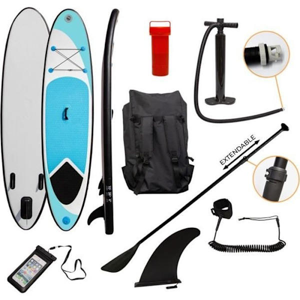 Blå uppblåsbar SUP Stand Up Paddle Board Ultralätt Vuxen [Pump, ryggsäck, koppel, 3 fenor, fodral, åra INGÅR]