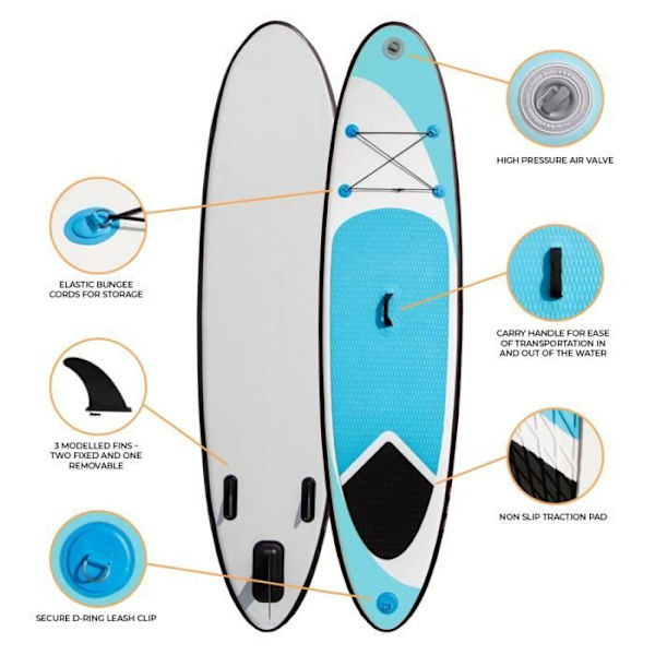 Blå uppblåsbar SUP Stand Up Paddle Board Ultralätt Vuxen [Pump, ryggsäck, koppel, 3 fenor, fodral, åra INGÅR]