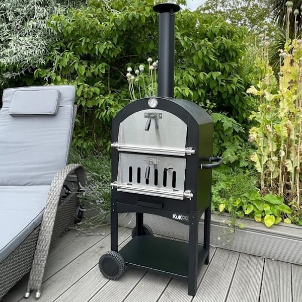 KuKoo Outdoor hiilipizzauuni lapiolla, pyörällä ja pizzakivellä, puutarhauuni 156cm x 64cm x 43cm