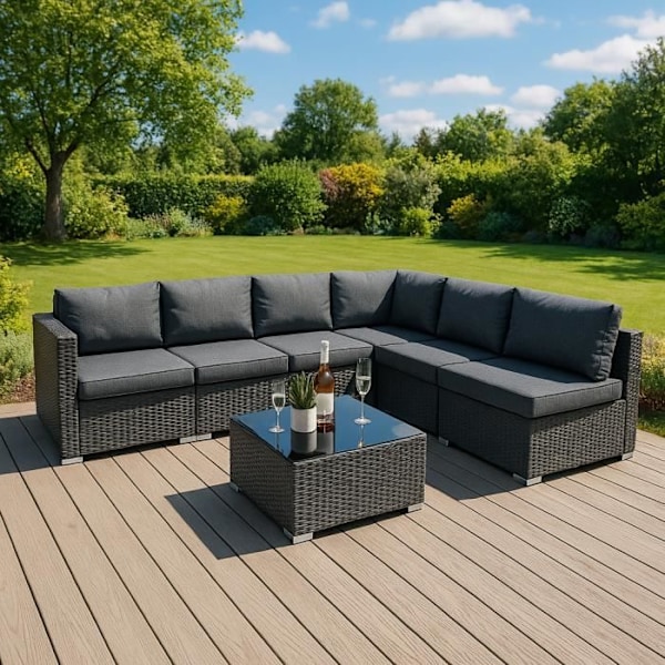 Modulært Rattan Haveophold i Sort 7 Stykker Sofa Puder Sofabord Svart