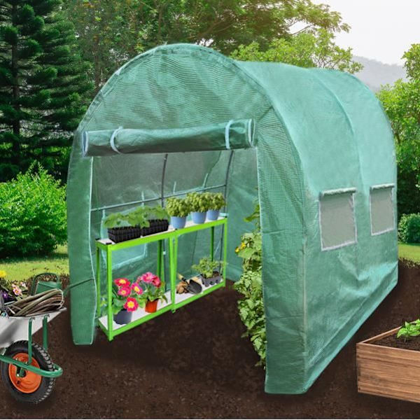 Polytunnel drivhus - MONSTERSHOP - 3m x 2m - UV-beskyttelse - 2 justerbare hylder - Vandtæt Grön