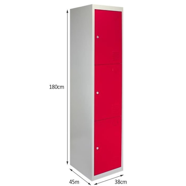 Metalliset Vaatekaapit - MONSTERSHOP - 3 Ovet - Punainen - Kestävä teräs - Mitat 45x38x180cm Röd