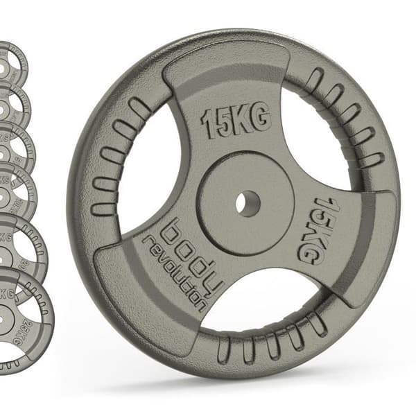 2 plattor á 15 kg i gjutjärn, tri-grepp, hål 25 mm, hem/gym