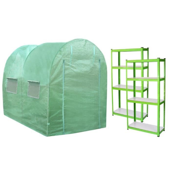 Polytunnel drivhus - MONSTERSHOP - 3m x 2m - UV-beskyttelse - 2 justerbare hylder - Vandtæt Grön