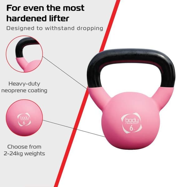 Kettlebell 6kg, ergonominen kahva ja litteä kanta.
