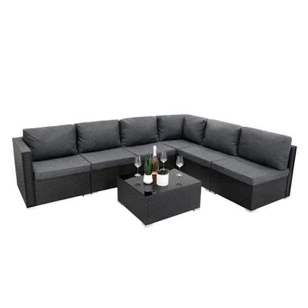 Modulært Rattan Haveophold i Sort 7 Stykker Sofa Puder Sofabord Svart