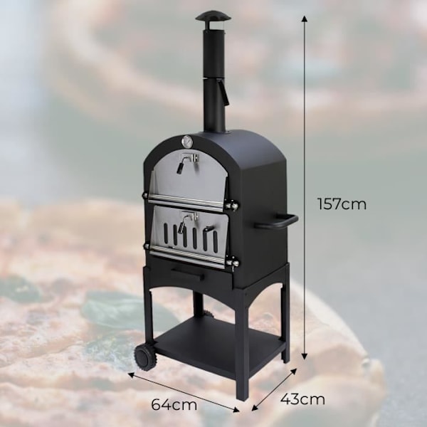 KuKoo Outdoor hiilipizzauuni lapiolla, pyörällä ja pizzakivellä, puutarhauuni 156cm x 64cm x 43cm