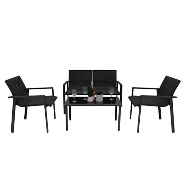 Salon Terrasse 4 Stykker i Sort Rattan Sofa Stole Sofabord Regncover Svart