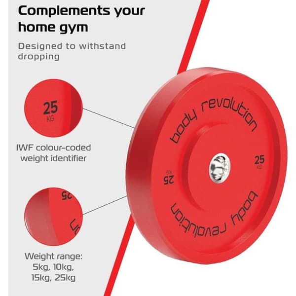 Røde bumper discs 25kg, kompatible med olympisk stang, sæt af 2