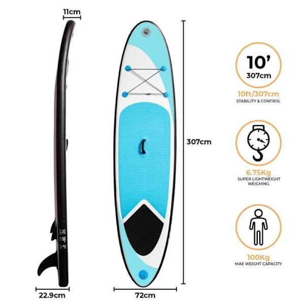 Blå uppblåsbar SUP Stand Up Paddle Board Ultralätt Vuxen [Pump, ryggsäck, koppel, 3 fenor, fodral, åra INGÅR]