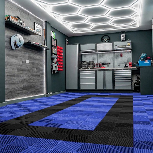 Golvplattor 90 Blå & 30 Svart Ventilerad Modulär Garage Unik 3,2 x 6 M Mörkblå