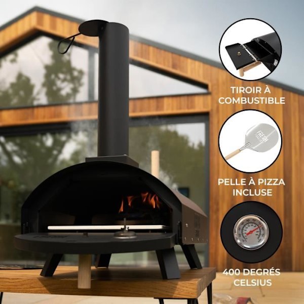 Bærbar udendørs pizzaovn - MONSTERSHOP - diameter 30 cm - brænde-/kulfyr - 1200W - timer Svart