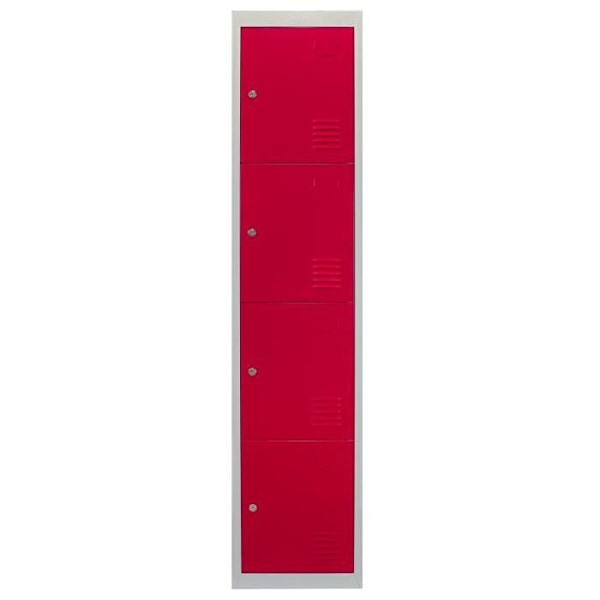 Punainen metallikaappi 4-ovinen 45 x 38 x 180 cm Kuntosalin koulukaappi
