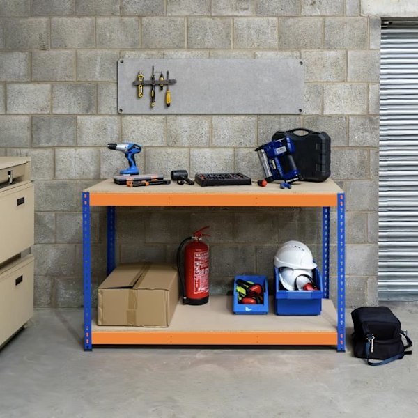 2-kerroksinen työpöytätyöpaja Autotalli tee itse 300kg per hylly 150 x 60 x 90cm Blå