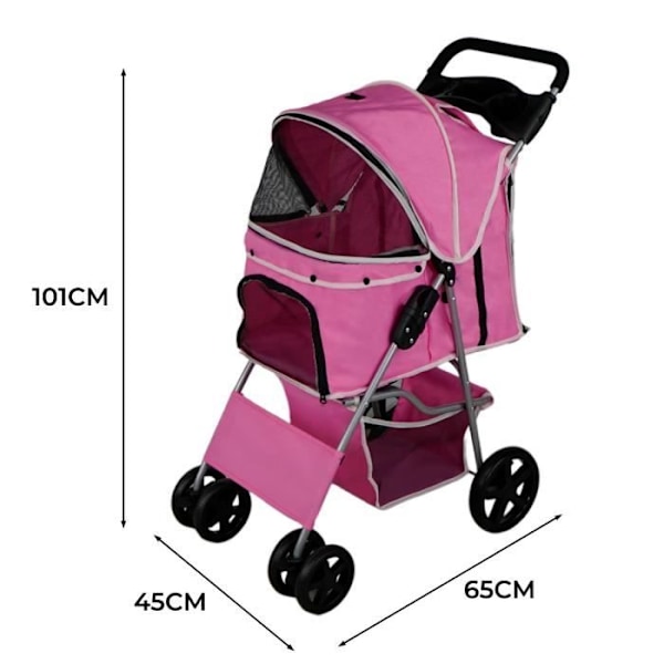 Kæledyrsklapvogn - Pink - Sammenfoldelig - Robust stål - Kapacitet 15 kg - Kurv & kopholder