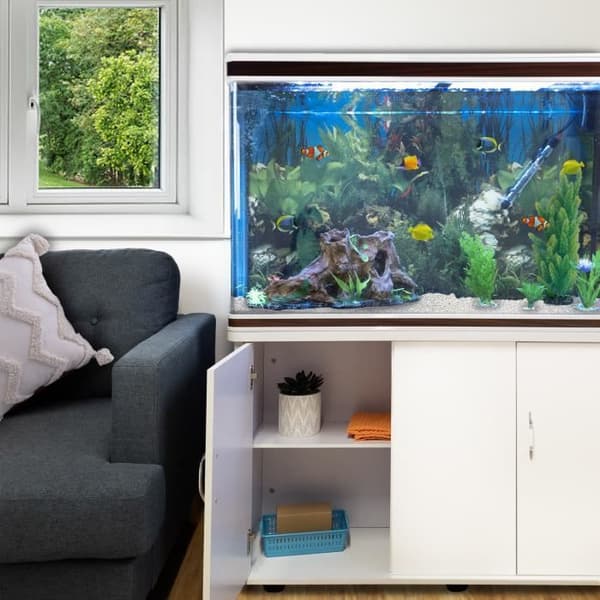 Akvarium - 300 liter - Vit grus - Vit möbel Vit & hasselnöt