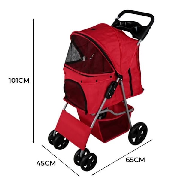 Kæledyrsvogn - Rød - Sammenfoldelig - Robust stål - Kapacitet 15kg - Kurv & kopholder