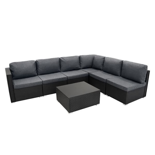 Modulært Rattan Haveophold i Sort 7 Stykker Sofa Puder Sofabord Svart