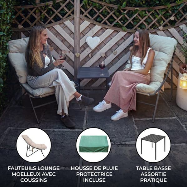 Sæt Bistro De Jardin Grå 3 Stykker, 2 Stole Med Puder Og Bord Grå