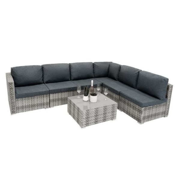 Modulært Havemøbel i Grå Rattan 7 Stykke Sofa Puder Lavt Bord Grå