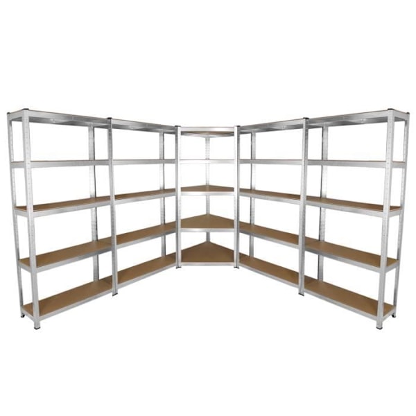 Set med 4 90 cm förvaringshyllor & 1 Galwix hörnhylla, garagehylla set galvaniserat stål finish