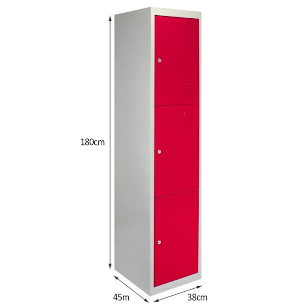 Punainen metallikaappi 3-ovinen 45 x 38 x 180 cm Kuntosalin koulukaappi