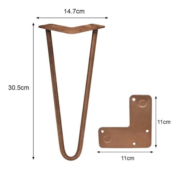 4 hårnålsbordsben - 30,5 cm - 2 stjälkar - 12 mm - Koppar Koppar