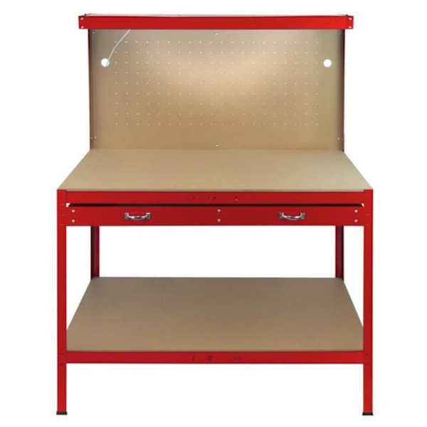 Työpöytä 120 cm x 60 cm laatikolla ja LED-valolla - Punainen - Autotalli, tee-se-itse, työpaja Röd
