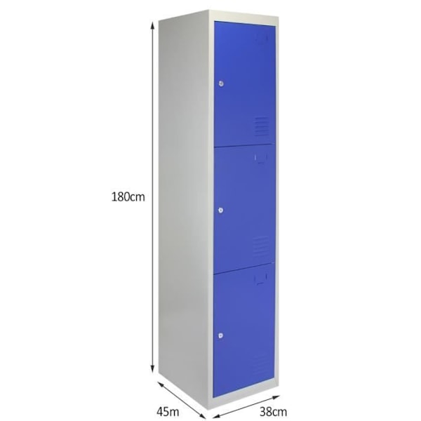Metallförvaringsskåp - MONSTERSHOP - 3 dörrar - Robust stål - Blå och grå färg - Låsbart Blå