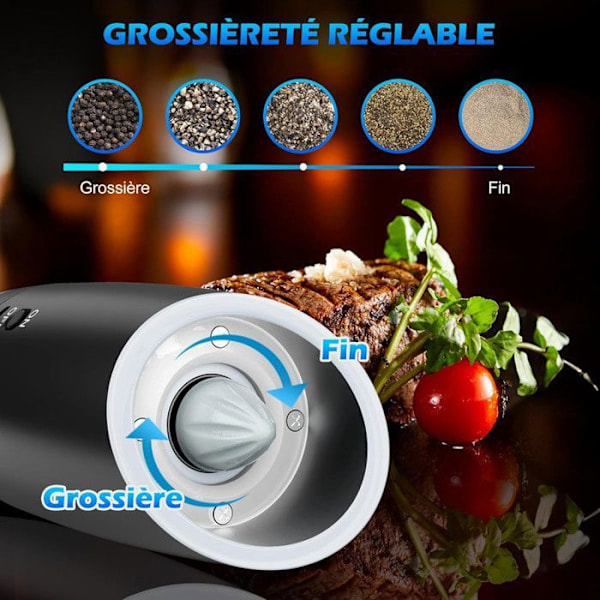 Sähkönäyttöinen Suolakivimylly - 135ml - Sisäänrakennettu LED - 2 Kappaleen Pakkaus - Säädettävä - Ihanteellinen Keittiöön, Musta Svart
