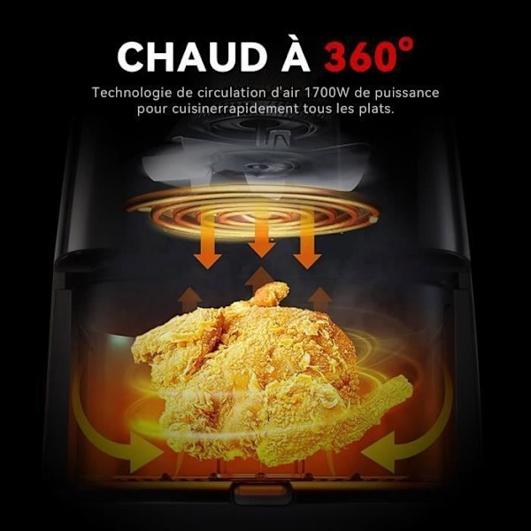 Luftfriture uden olie - MONMECD - 5,5L - 1700W - Justerbar temperatur - Synlig vindue Svart