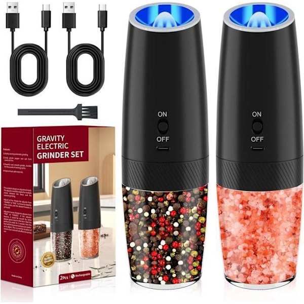 Sähkönäyttöinen Suolakivimylly - 135ml - Sisäänrakennettu LED - 2 Kappaleen Pakkaus - Säädettävä - Ihanteellinen Keittiöön, Musta Svart