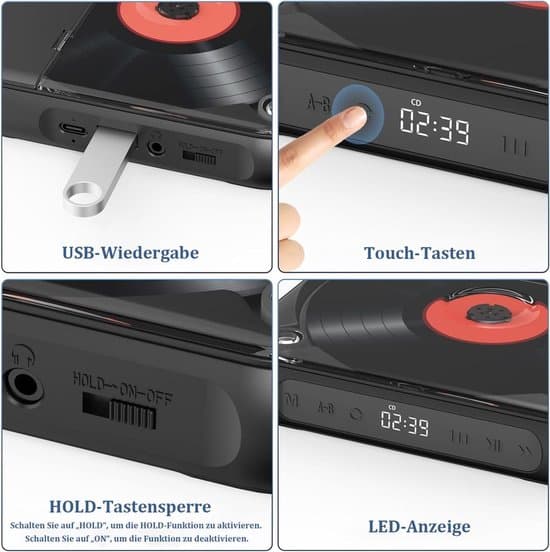 Bærbar Bluetooth CD-afspiller med USB-C hurtigopladning — Sort