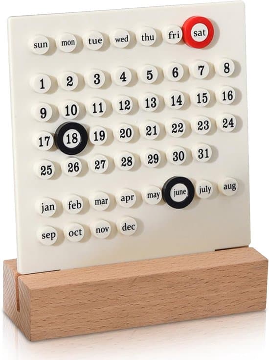 Bordskalender med evighetskalender – manuell inställning – dekorativ träbas – schema – datumplanerare – vit