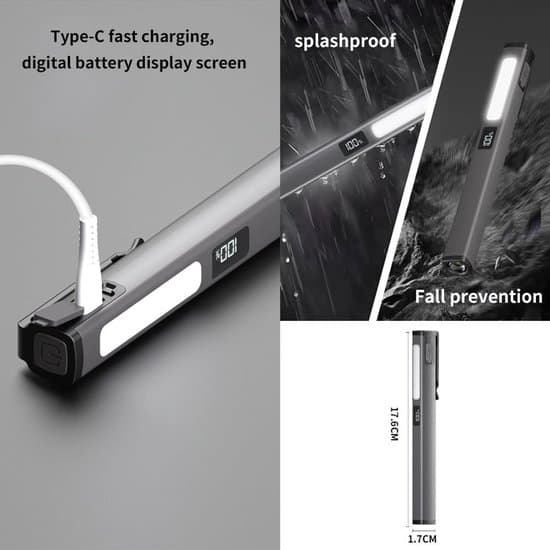 Multifunksjonell COB Arbeidslampe – LED-lommelykt med klips, aluminiumslegering – 6 lysmoduser