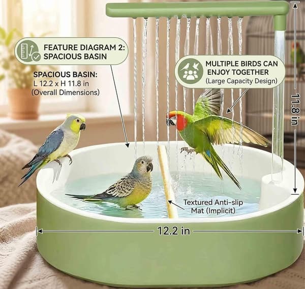 Fuglebad – Fuglebadekar og automatisk bruser til papegøjer, parakitter, conures, finker og dværgpapegøjer.