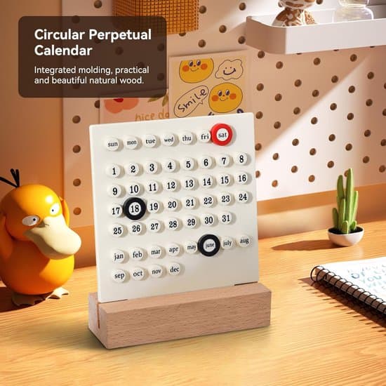Bordskalender med evighetskalender – manuell inställning – dekorativ träbas – schema – datumplanerare – vit