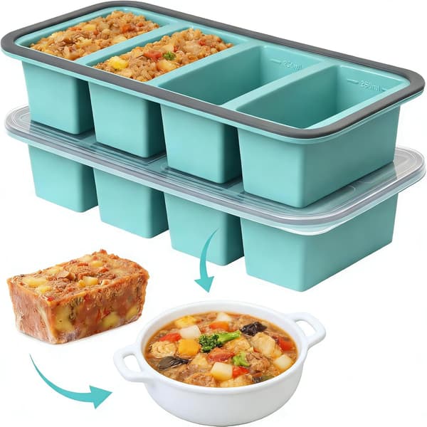 Souper Cubes Silikonfrysförpackning, Set med 2 Silikonfryskoppar för Soppkuber, 250 ml Extra Stor Frysförvaring med Lock