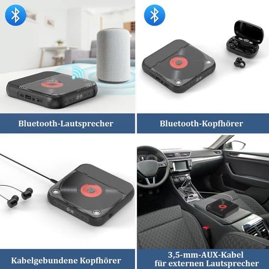 Bærbar Bluetooth CD-afspiller med USB-C hurtigopladning — Sort