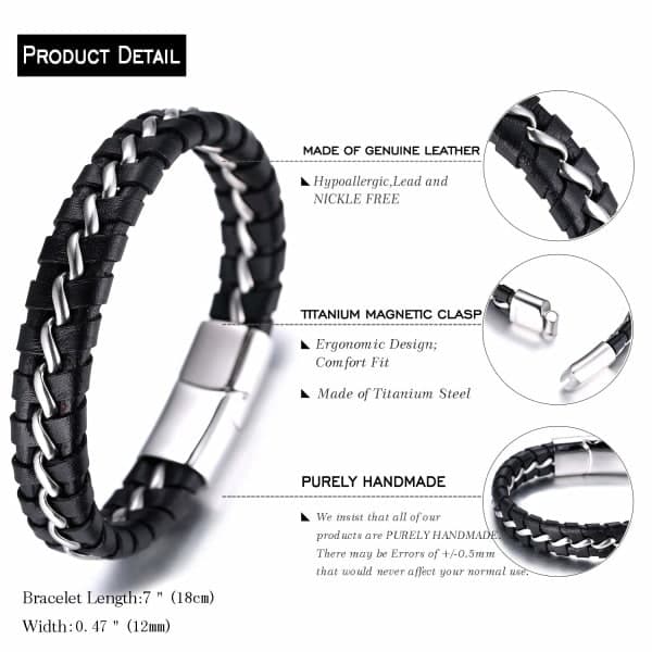 Børne drenge ægte læderarmbånd sort. Titanium sølvkæde