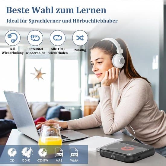 Bærbar Bluetooth CD-afspiller med USB-C hurtigopladning — Sort