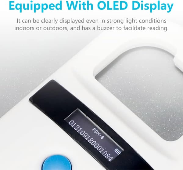 Hund mikrochip läsare, husdjurschip scanner med OLED-display, stöder FDX-B (ISO11784/11785) och EMID mikrochips, för djurhantering.